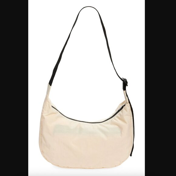 Baggu Medium Nylon Crescent Bag in Ivory with Black Adjustable Logo Strap - Picture 3 of 13